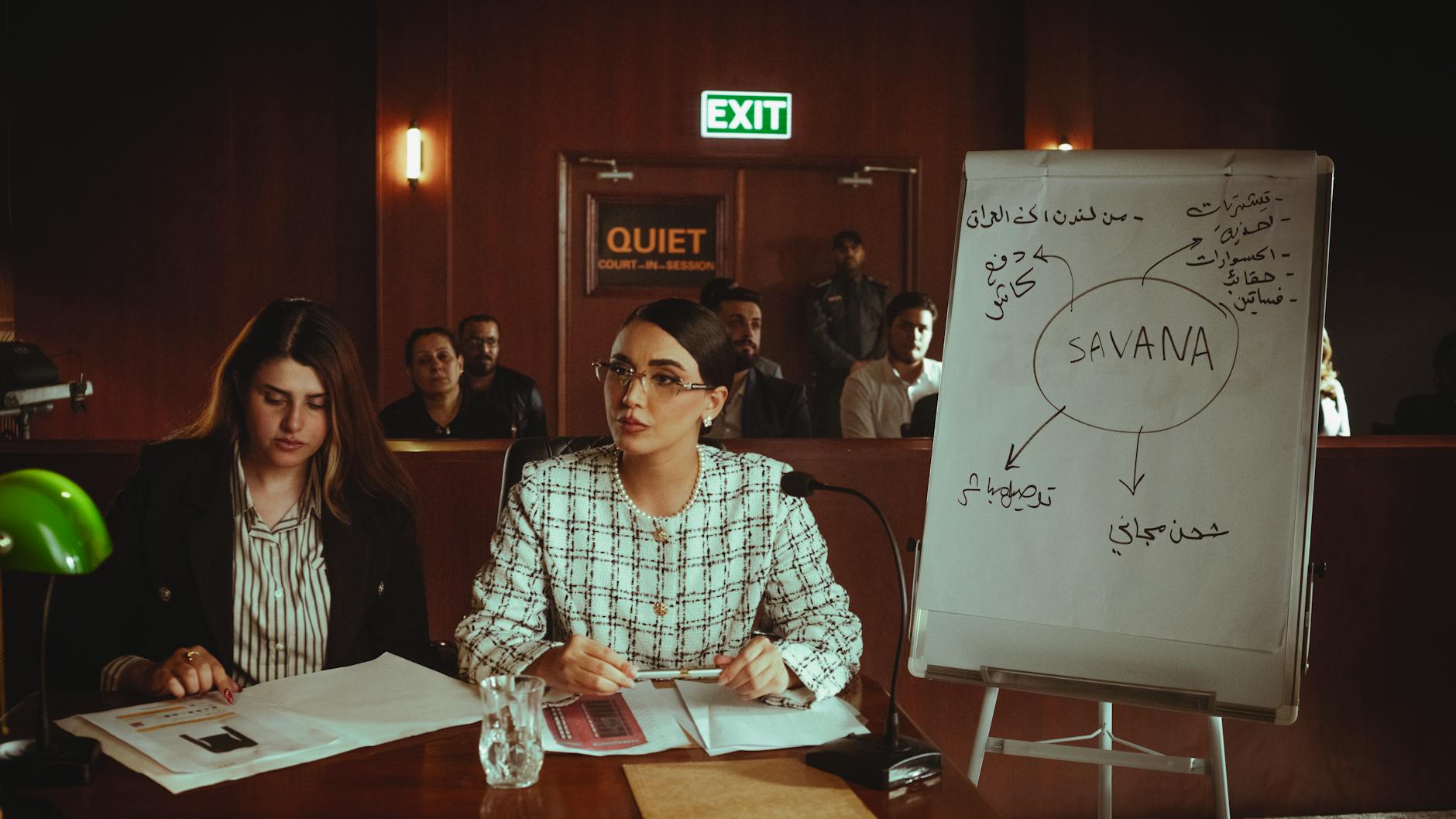 A professional legal presentation in a Baghdad courtroom with diverse participants.